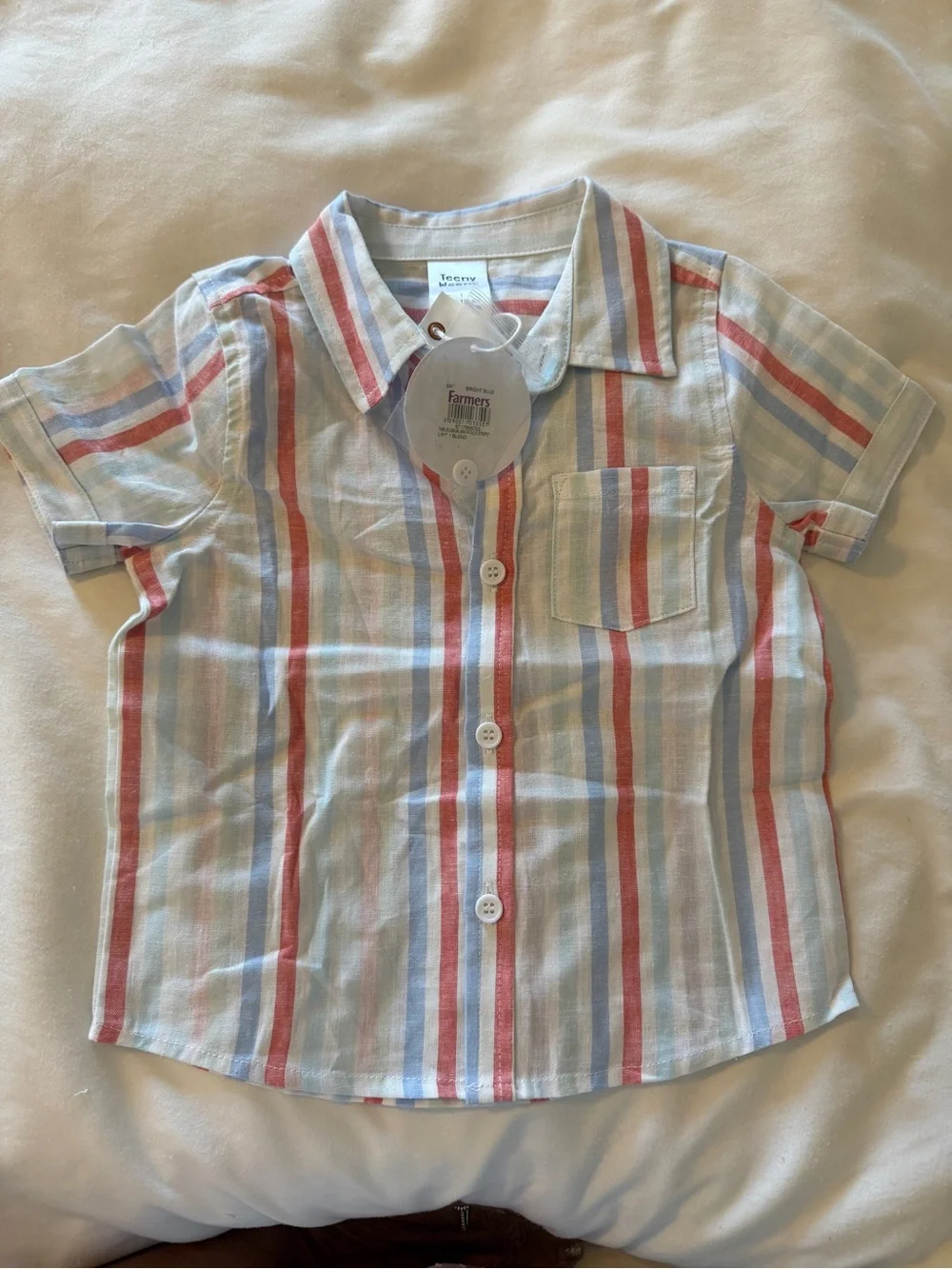 12-18 Toddler Short-Sleeve Button Shirt & Shorts Set Pastel Stripe & Light Blue